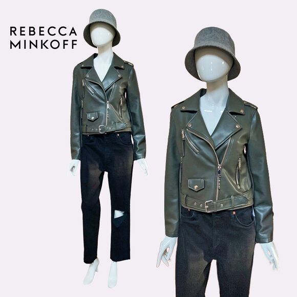 REBECCA MINKOFF NEW OLIVE Faux Leather Belted Waist Moto Jacket M - Picture 1 of 12